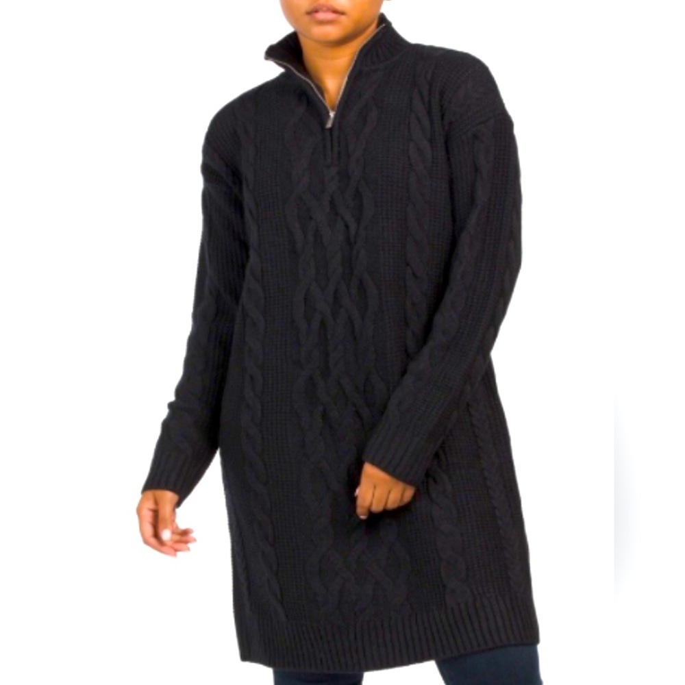 Calvin Klein Cable Knit Sweater Dress Large Black Stretch Cozy Fall Relaxed NEW